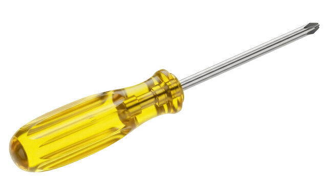 Yellow Phillips head screwdriver isolated PNG on transparent background, hand tool for construction and repair work