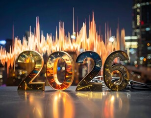 Golden 2026 numerals against financial data over a cityscape