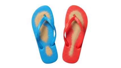Pair of colorful flip flops with sand isolated PNG, summer footwear for beach vacation and travel on transparent background