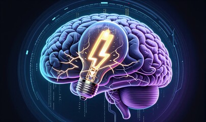 Brain illuminated by lightning bolt inside glowing lightbulb, futuristic neural network.