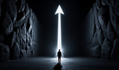 Silhouetted figure stands before glowing arrow in dark, towering cavern.