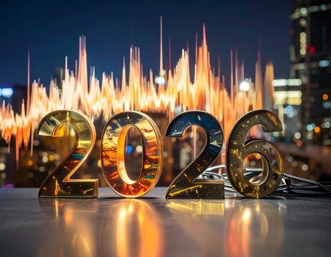 Golden 2026 numerals against financial data over a cityscape - Powered by Adobe