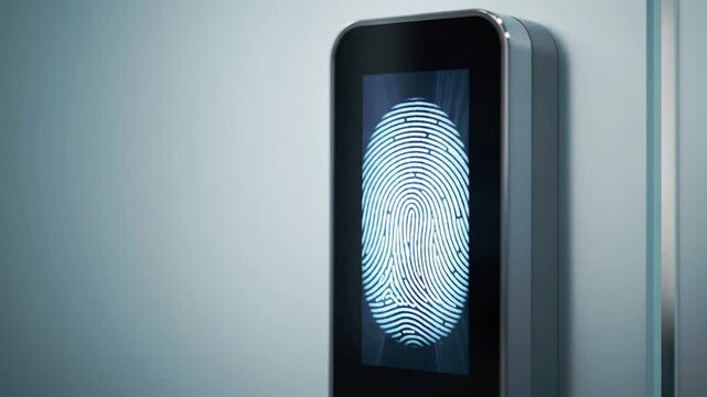 Modern fingerprint sensor lock on door for home security, technology concept.