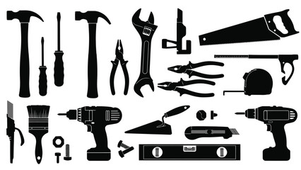 Collection of various black silhouette hand tools for repair and construction
