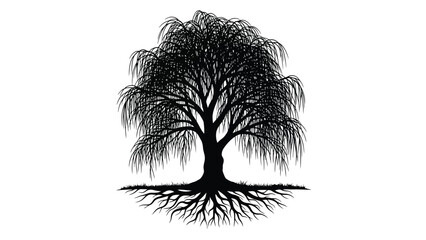 Detailed black and white illustration of a weeping willow tree with visible roots © MBHM Studio