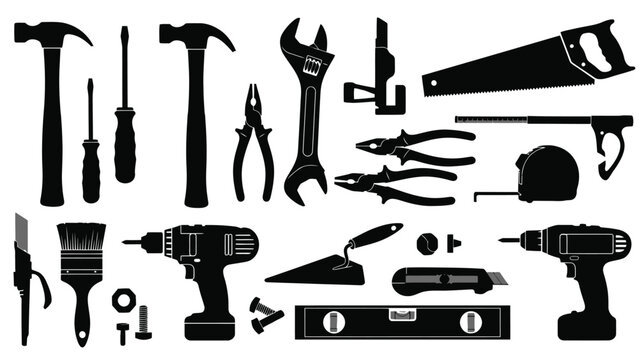 Collection of various black silhouette hand tools for repair and construction