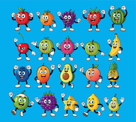 Obraz premium MEGA PACKS of Fun cartoon characters of different fruits on a bright blue background with smiling faces and lively poses. Cute, funny, food, packs