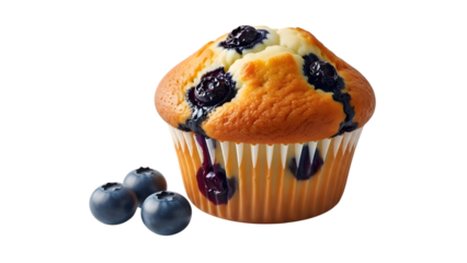 Blueberry muffin isolated on transparent background with fresh blueberries