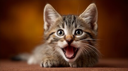 Close-up of a small, striped kitten, lying down with its mouth open, displaying a happy expression against a warm brown background