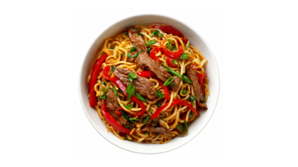 A mouth-watering beef noodle dish served in a white bowl, featuring tender beef, vibrant red peppers, and fresh green herbs, all perfectly mixed with noodles.