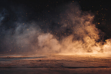 Dark Cinematic Background with Smoke Mist and Warm Glowing Light on a Concrete Floor