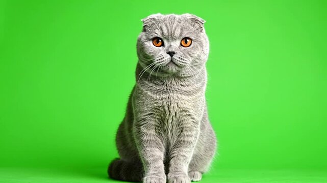 A charming Scottish Fold cat with distinctive folded ears sits thoughtfully with a slightly grumpy expression on a green screen background, chroma key