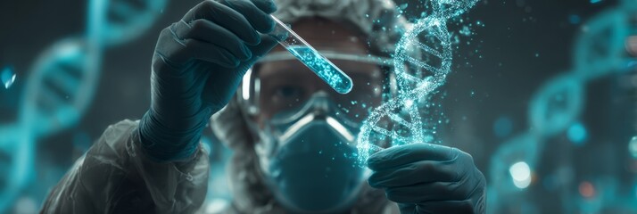 Scientist holding test tube with DNA strand and digital data overlay