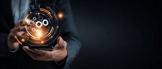 Businessman holding digital gear interface hologram