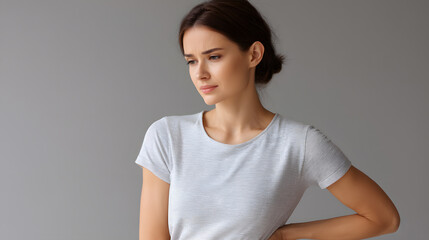 Obraz premium Thoughtful Reflection: A serene woman in a simple shirt stands, gazing pensively into the distance, immersed in thought and contemplation.