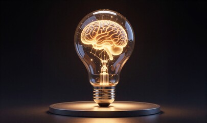 Glowing light bulb contains glowing brain, symbolizing innovation and intellectual creativity.