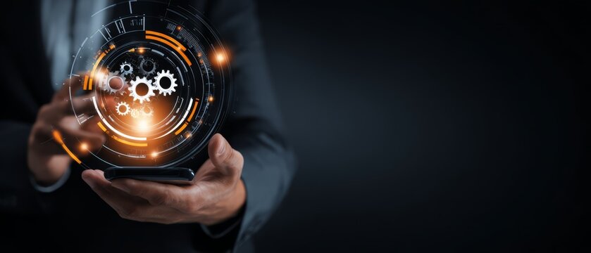 Businessman holding digital gear interface hologram - Powered by Adobe