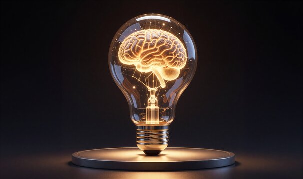 Glowing light bulb contains glowing brain, symbolizing innovation and intellectual creativity.