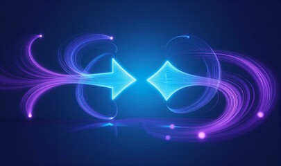 Neon arrows swirl in violet and blue against dark background, glowing digital motion.
