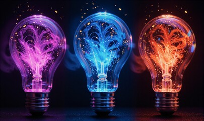 Glowing light bulb emits vibrant blue and red energy swirls against dark background.