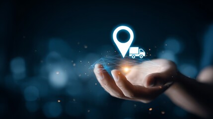Logistics and delivery tracking icon floating above hand