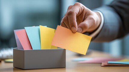 Businessman placing colored card into suggestion box on desk
