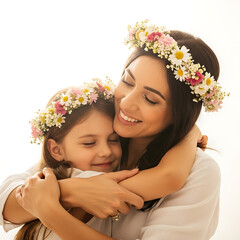 Tender Mother Daughter Bond Wearing Floral Wreaths