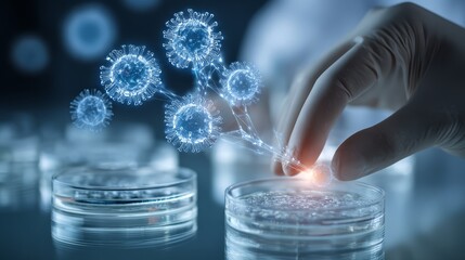 Scientist examining digital cells in petri dish with holographic projection