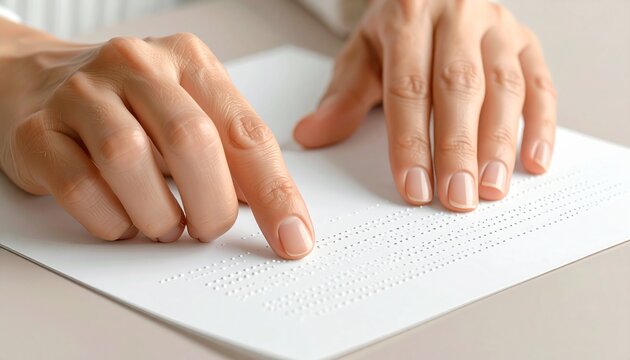 Hands reading braille. World Braille Day. Close-up of fingers on braille book. Blindness awareness. Accessible education. Literacy for visually impaired. Braille text. White background. - Powered by Adobe