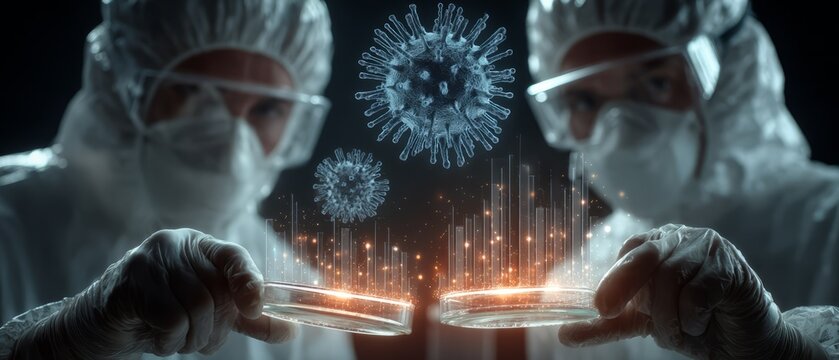 Scientists analyzing digital virus model in lab environment - Powered by Adobe