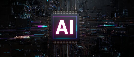 AI chip with glitch effect on digital motherboard