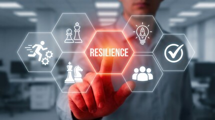 A person touches a glowing red hexagon resikience text surrounded by digital icons including a check mark, a gear, and a group of people