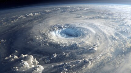 Stunning aerial view of a massive hurricane system, swirling clouds dominate the scene, showcasing the power of nature from space