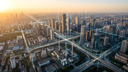 Naklejka premium Smart city electrical grid connection with data overlay