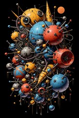 A surreal, intricate cluster of steampunk-inspired robotic spheres, tubes, and mechanical parts. The vibrant colors and chaotic arrangement create a sense of futuristic complexity and creativity.