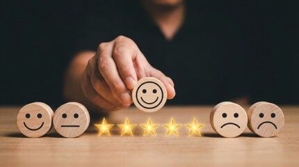 Hand placing a smiley face wooden sphere five stars among a row of spheres with sad or neutral expressions on a wooden surface