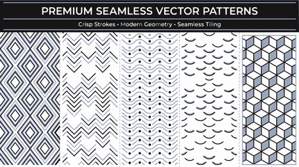 Premium seamless vector patterns featuring crisp strokes, modern geometric designs, and seamless tiling, including diamonds, zigzags, waves, crescents, and isometric cubes.