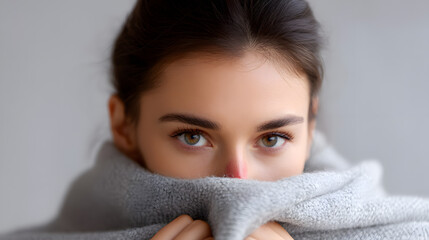 Winter Serenity: A portrait capturing the serene beauty of a woman draped in a cozy blanket, her gaze conveying a sense of warmth and comfort against the cold.