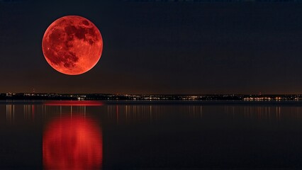 Vibrant blood moon illuminating the dark night sky, with its striking reflection mirroring in calm waters