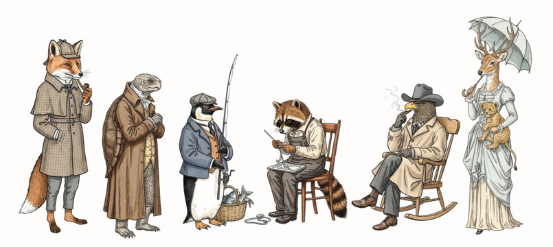 Vintage animal characters dressed as Victorian gentlemen, engraving illustration of people with animal head
