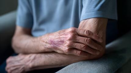 Fototapeta premium Aged Hand with Bruise: An intimate view of a senior's hand resting on a surface, revealing a bruise that tells a story of life's experiences, challenges, and resilience.