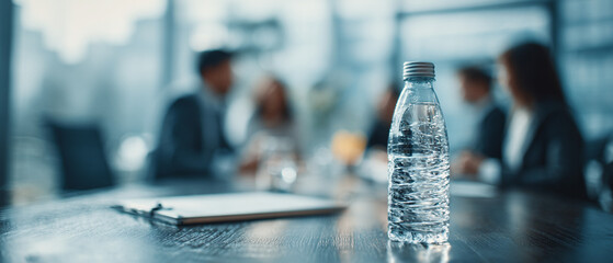 Refreshing Water Bottle on Boardroom Table during a Professional Corporate Meeting