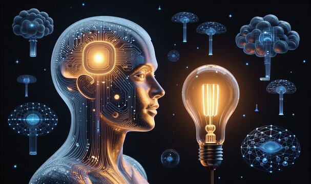 Human brain circuitry illuminates beside glowing lightbulb, symbolizing AI innovation. - Powered by Adobe