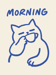 Cat drinking coffee morning doodle vector illustration