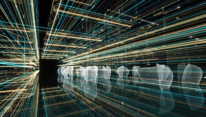 Abstract Virtual Reality Office Concept with Digital Grids and Floating Data Visualizations