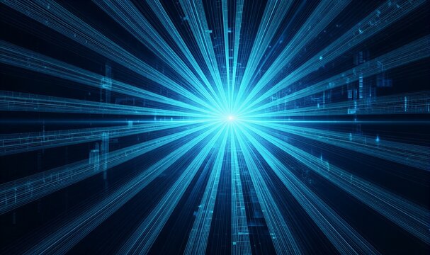 Cybernetic tunnel of glowing blue lines converging toward bright light, futuristic digital corridor. - Powered by Adobe