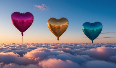 Fototapeta premium Three colorful heart-shaped balloons float above fluffy clouds at sunset.