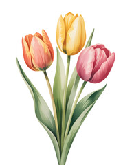 Fototapeta premium Spring red tulip blossoms with graceful foliage in watercolor. 