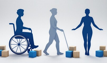 Diverse individuals interact amidst blocks, symbolizing inclusion and accessibility.