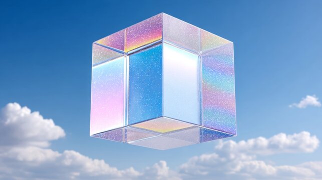Minimalist 3D render of a transparent iridescent cube floating in a clear blue sky with soft white clouds. The cube features vibrant rainbow reflections and light refraction.
